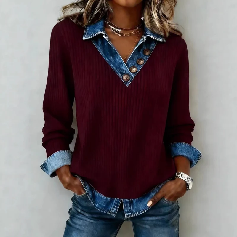 Damen Elegantes Strickshirt mit Jeanskragen und Knopfdetails Nord Taschen