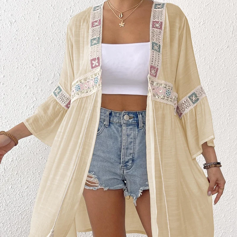 Damen luftiger Strandkimono mit floralen Stickereien
