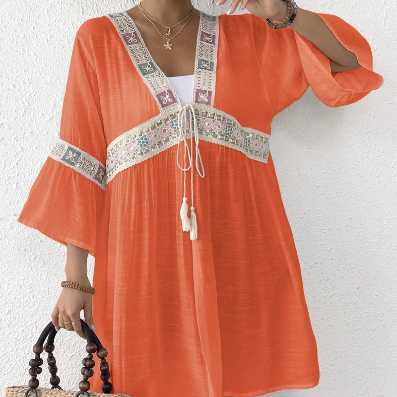 Damen luftiger Strandkimono mit floralen Stickereien
