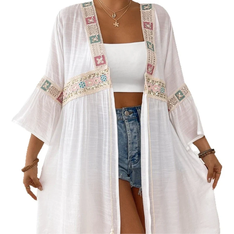 Damen luftiger Strandkimono mit floralen Stickereien