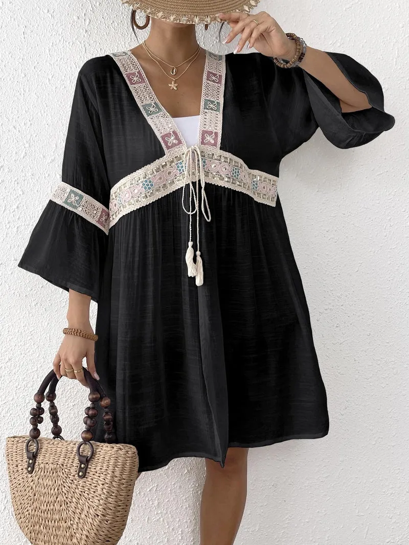 Damen luftiger Strandkimono mit floralen Stickereien