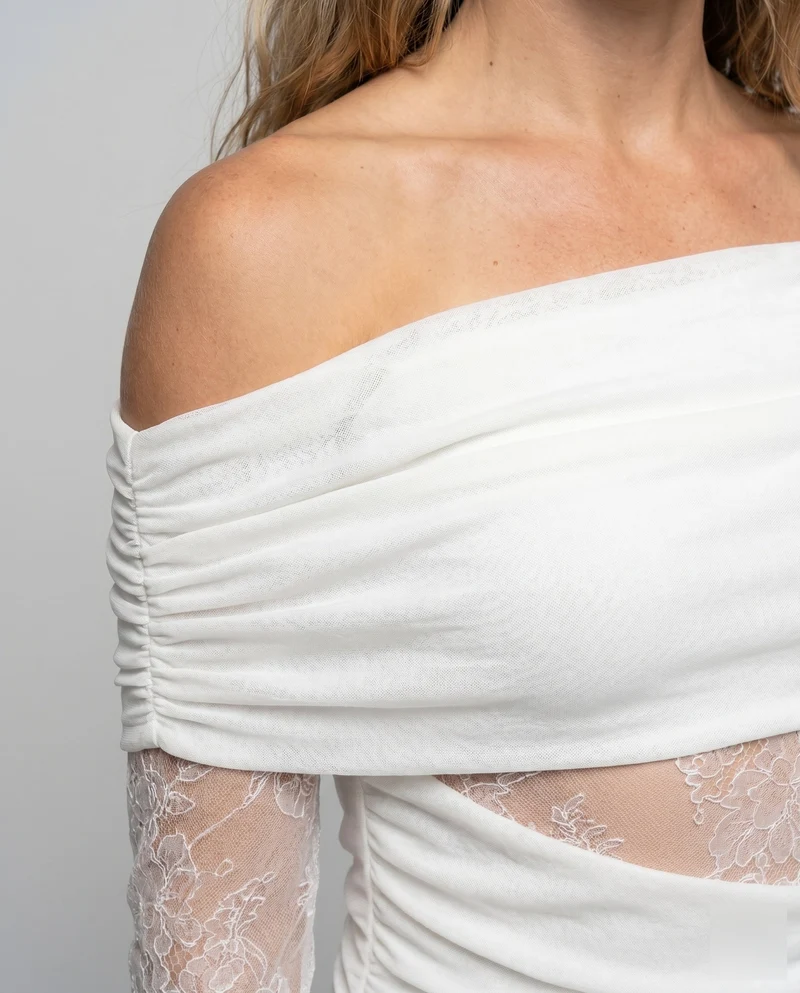 Damen Elegantes Spitzenkleid mit schulterfreiem Design und raffinierter Drapierung