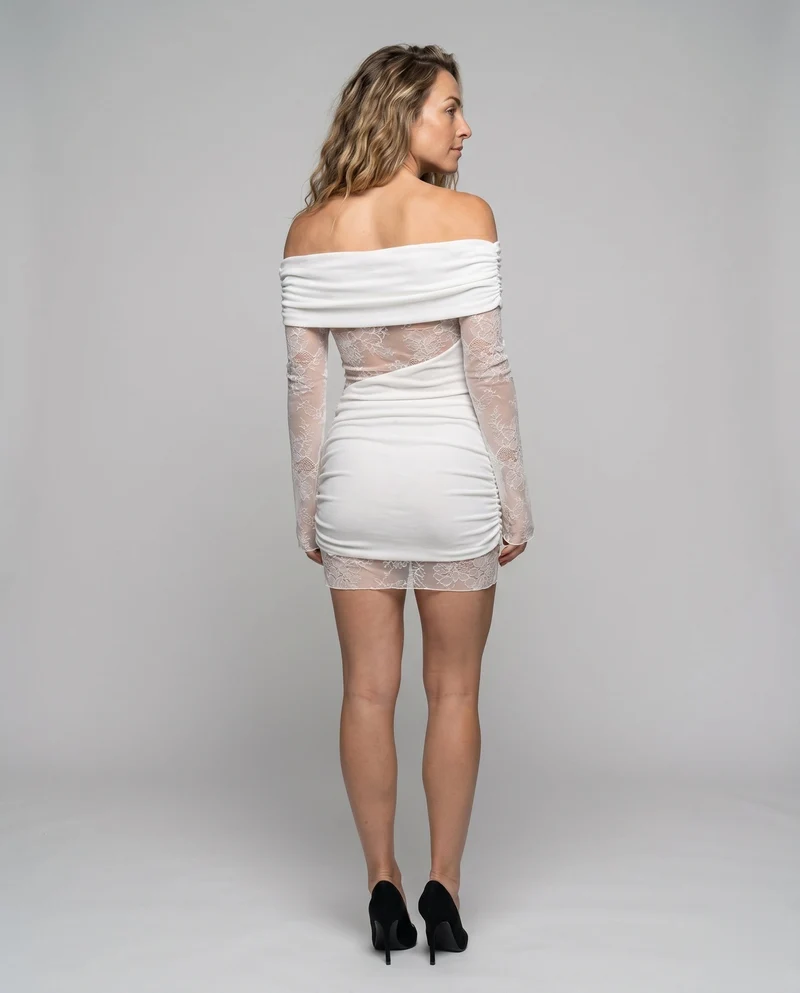 Damen Elegantes Spitzenkleid mit schulterfreiem Design und raffinierter Drapierung