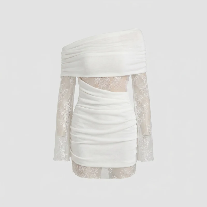 Damen Elegantes Spitzenkleid mit schulterfreiem Design und raffinierter Drapierung