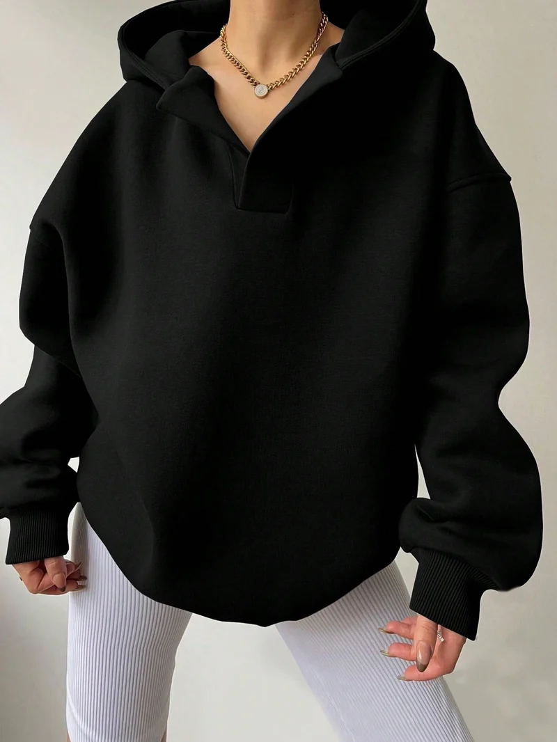 Damen Oversized Hoodie mit kurzem Kragen und praktischen Seitentaschen