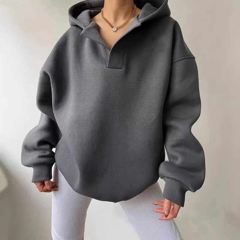 Damen Oversized Hoodie mit kurzem Kragen und praktischen Seitentaschen