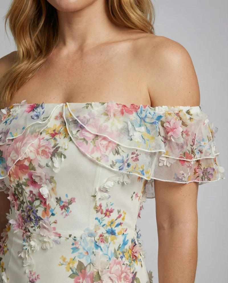 Damen Romantische Blumenapplikation Maxikleid