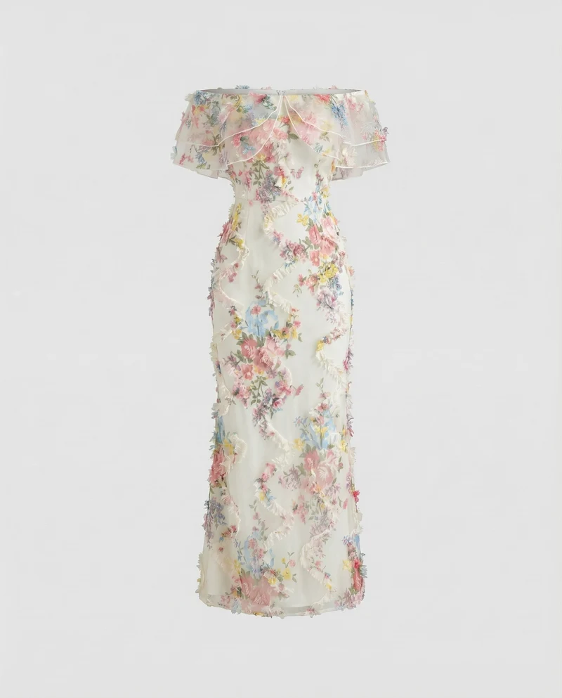Damen Romantische Blumenapplikation Maxikleid