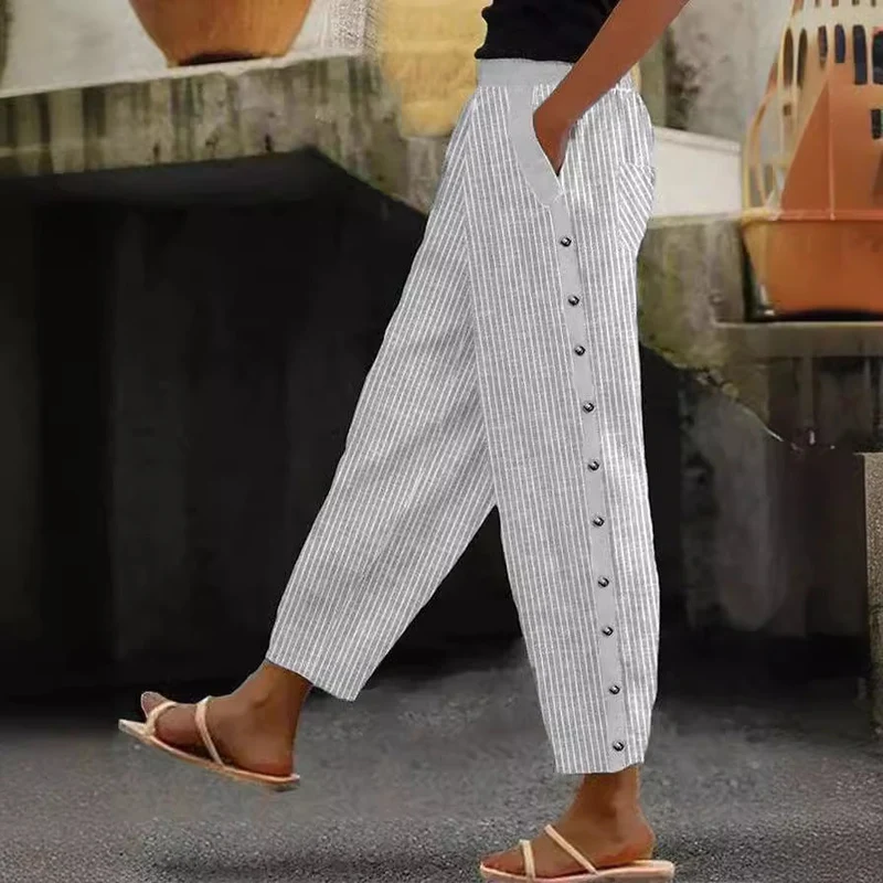 Damen Hochgeschnittene Freizeithose mit gerade geschnittenem Bein und praktischen Knöpfen