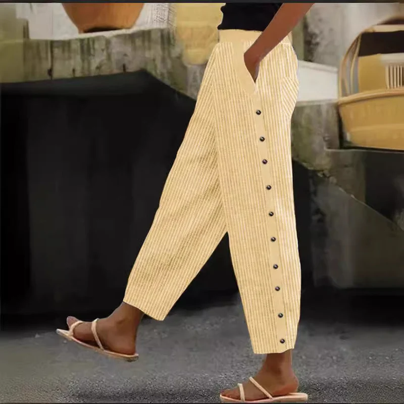 Damen Hochgeschnittene Freizeithose mit gerade geschnittenem Bein und praktischen Knöpfen
