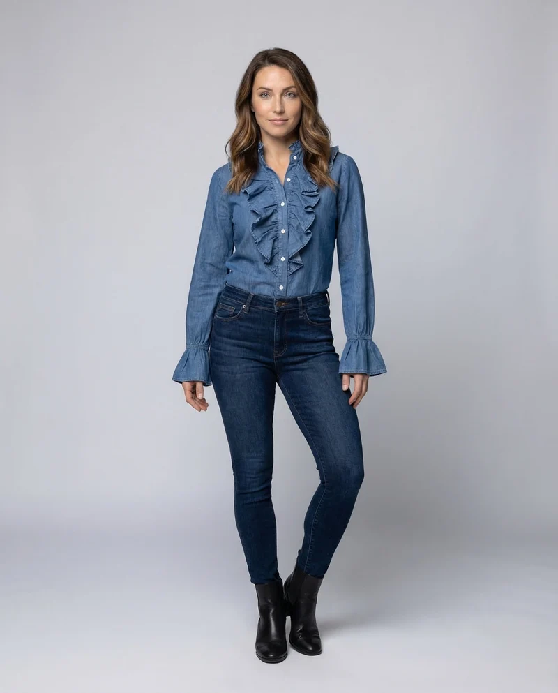 Damen Rüschenbluse Denim Look