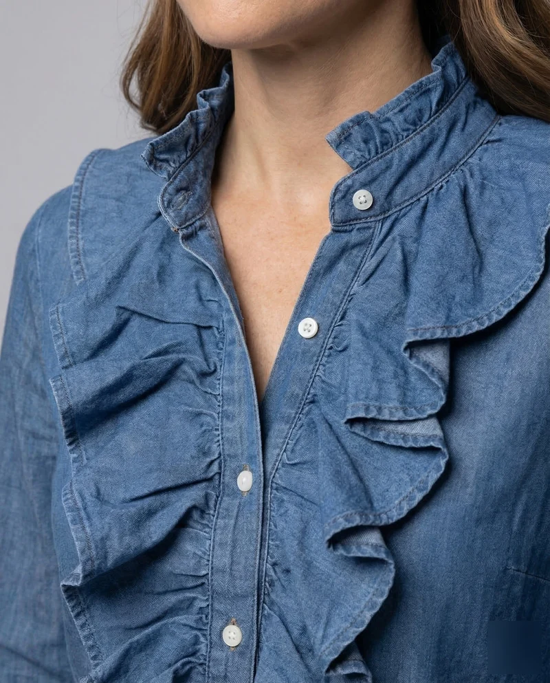Damen Rüschenbluse Denim Look
