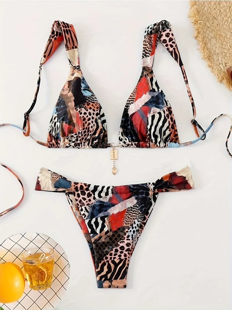 Damen Triangel-Bikini mit einzigartigem Animal-Print und eleganten Bändchen