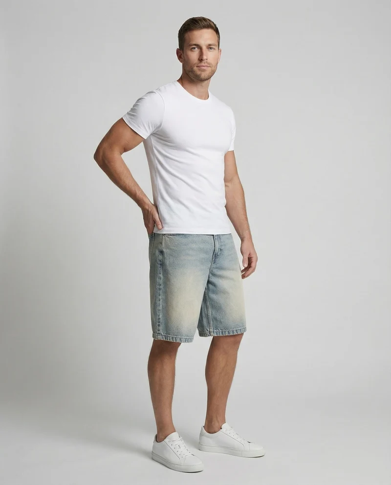 Herren Jeans-Bermuda Weit Knielang Verwaschen