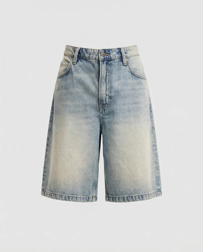 Herren Jeans-Bermuda Weit Knielang Verwaschen