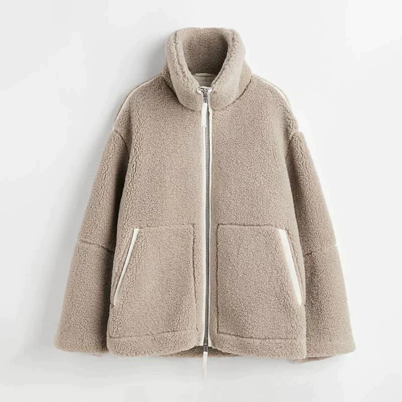 Teddy-Mantel - Weicher Schaffell-Look - Oversized Passform - Hoher Kragen - Reißverschlussverschluss