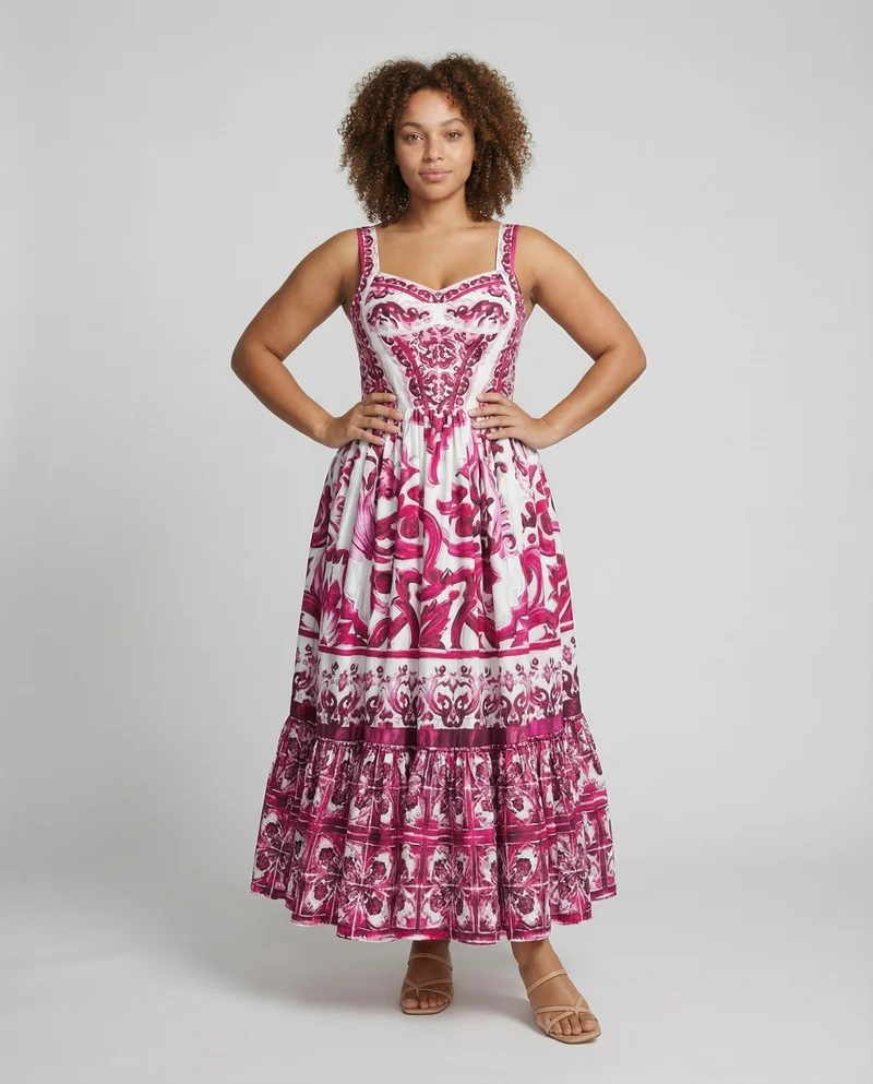 Damen mediterranes Maxikleid mit Stufenvolant
