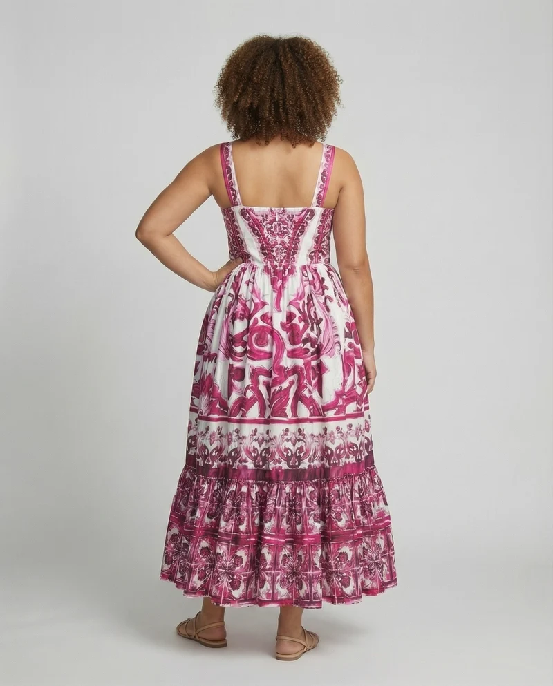 Damen mediterranes Maxikleid mit Stufenvolant