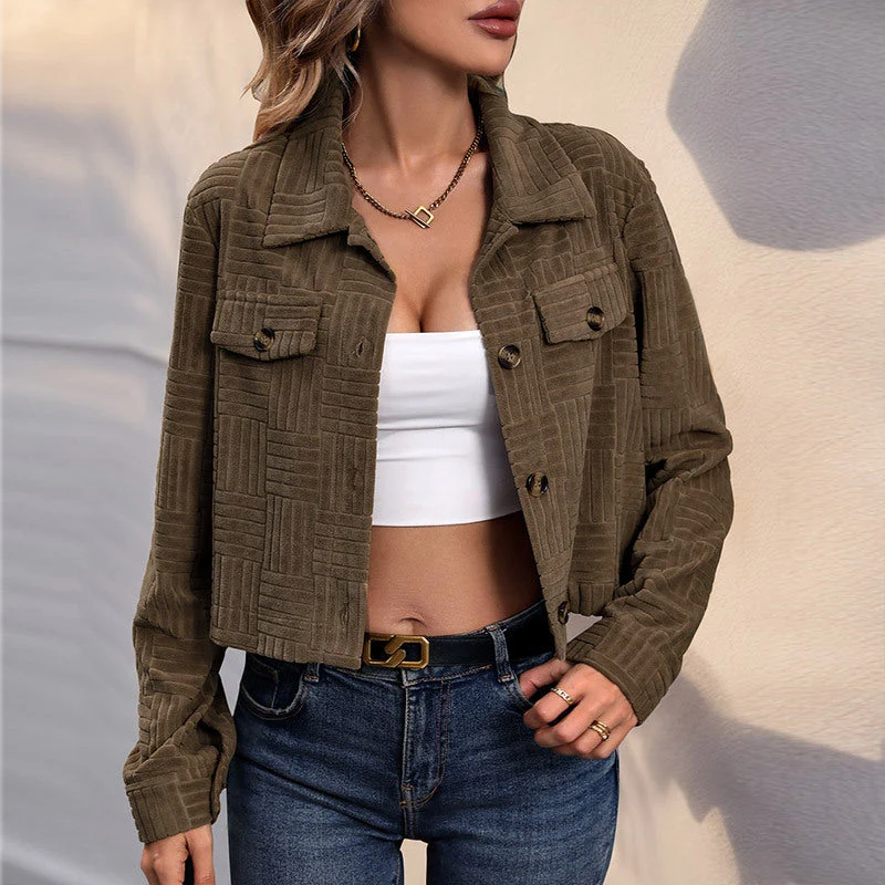 Damen lässige Cordjacke mit strukturiertem Design und praktischen Taschen