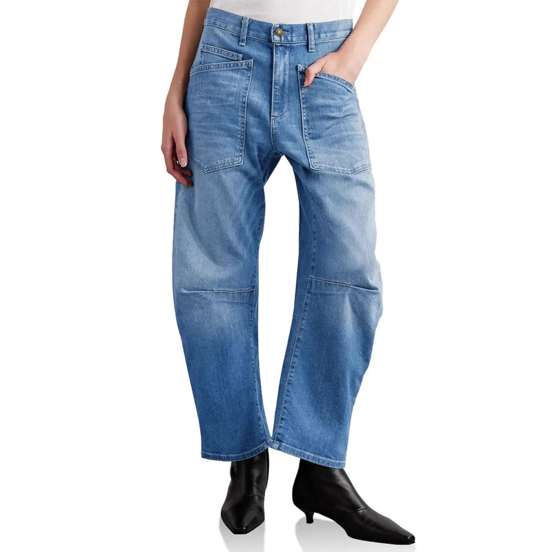 Damen halbhohe Denim-Hose mit einzigartigen aufgesetzten Taschen Nord Taschen