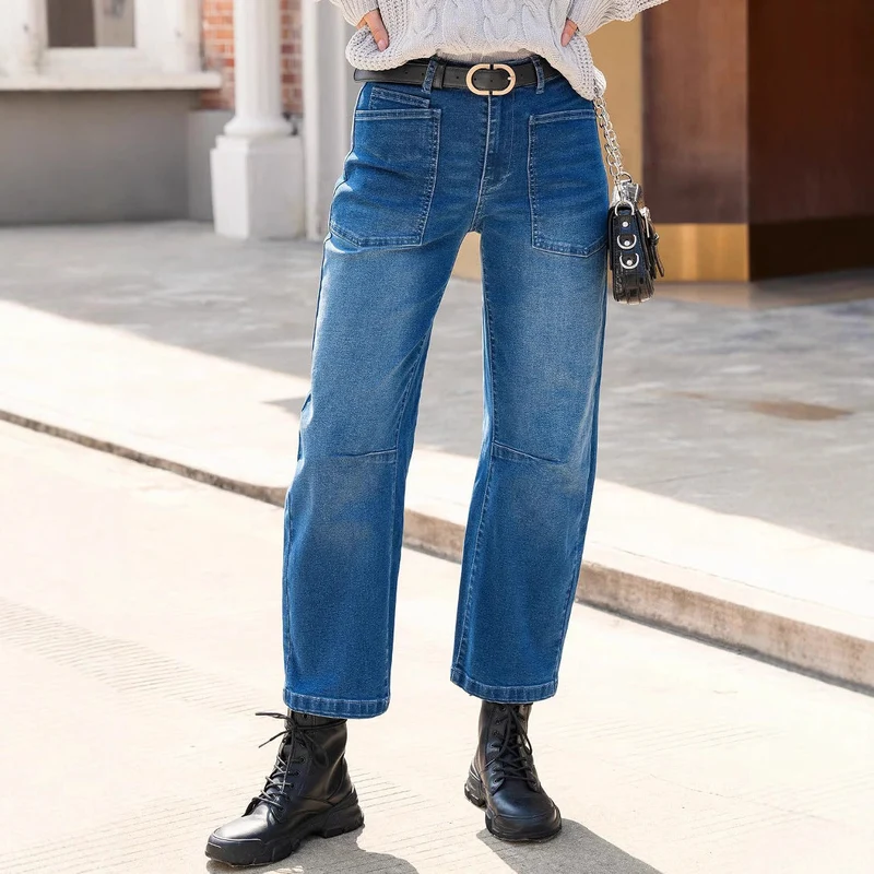 Damen halbhohe Denim-Hose mit einzigartigen aufgesetzten Taschen Nord Taschen