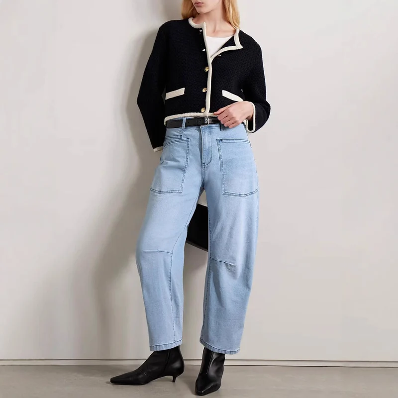 Damen halbhohe Denim-Hose mit einzigartigen aufgesetzten Taschen Nord Taschen