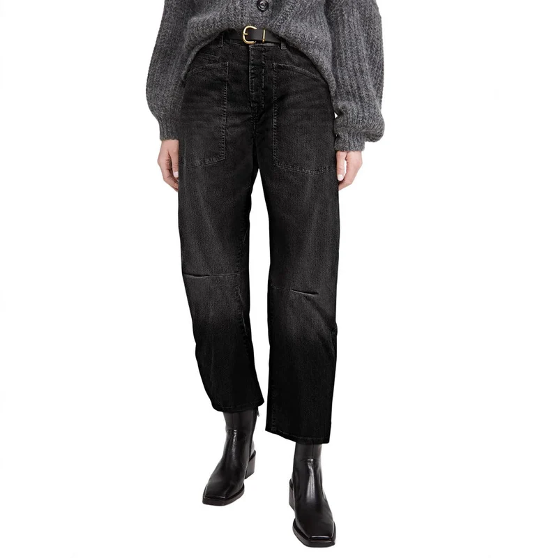 Damen halbhohe Denim-Hose mit einzigartigen aufgesetzten Taschen Nord Taschen