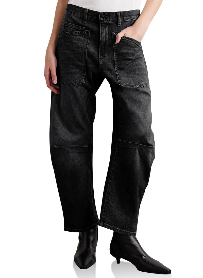 Damen halbhohe Denim-Hose mit einzigartigen aufgesetzten Taschen Nord Taschen