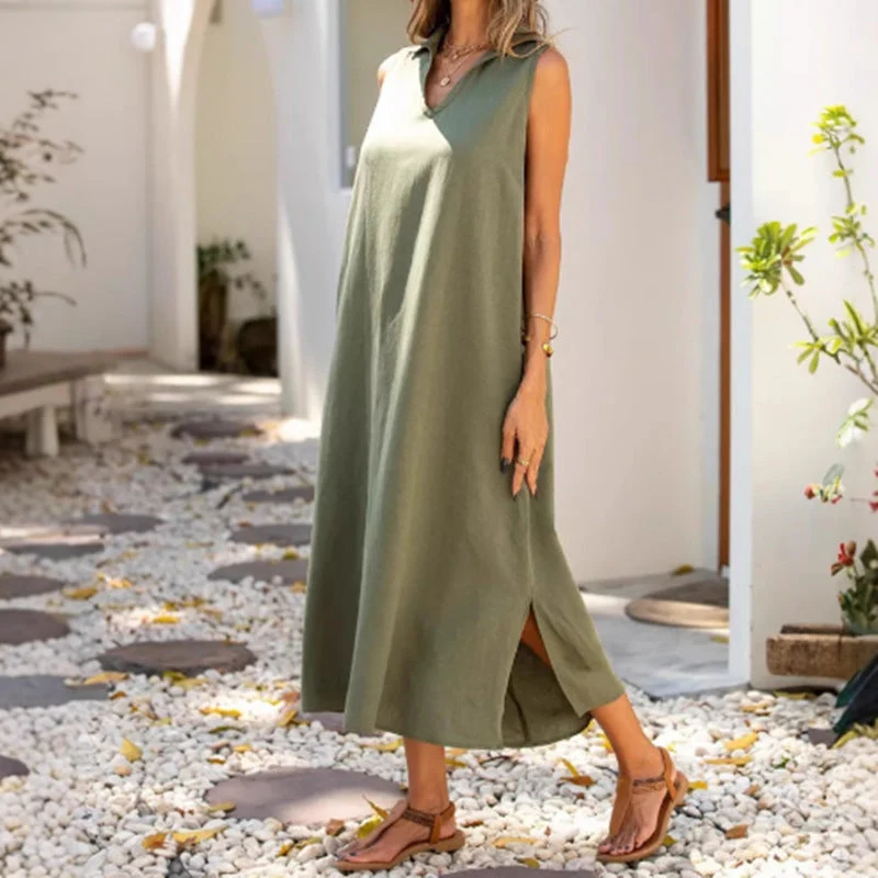 Damen Lässiges Maxikleid mit seitlichen Schlitzen und modischem Kragen Nord Taschen