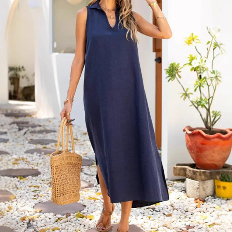 Damen Lässiges Maxikleid mit seitlichen Schlitzen und modischem Kragen Nord Taschen