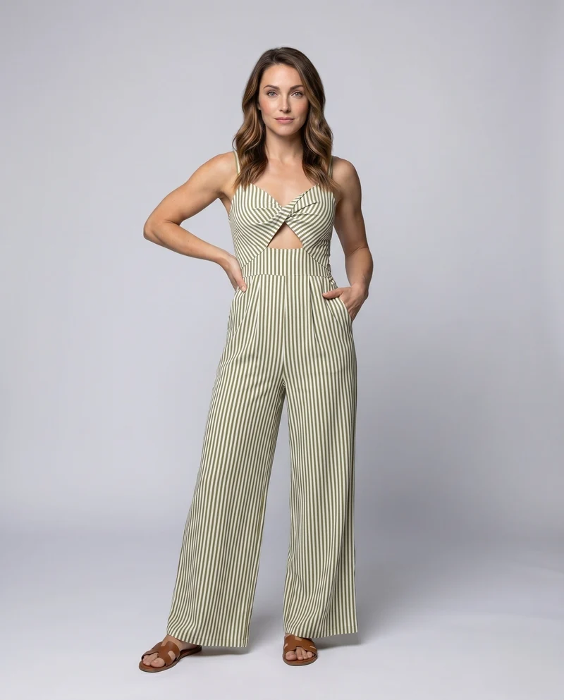 Damen modischer Jumpsuit mit auffälligem Cut-Out und schickem Streifenmuster