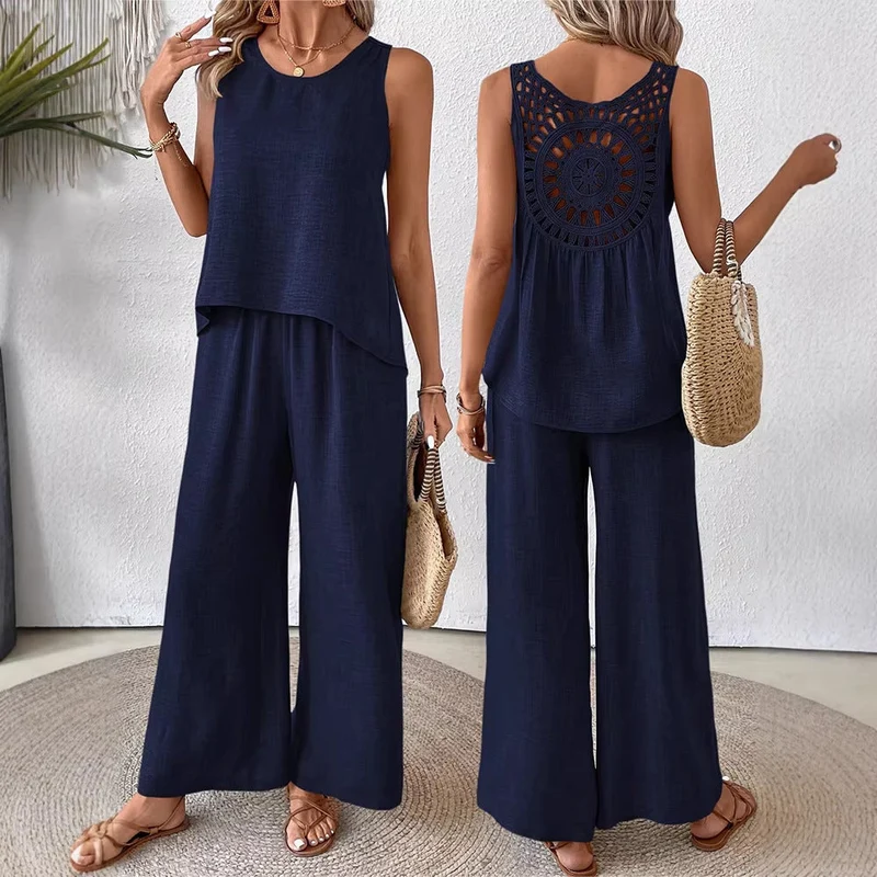Damen luftiges Sommer-Set mit gehäkeltem Rückenteil und weitem Schnitt