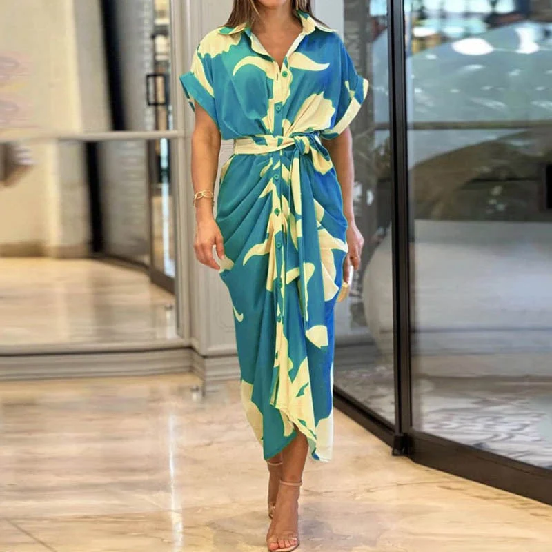 Damen nan Drapiertes Hemdmidikleid mit Taillenbindegürtel, seitlicher Drapage und Knopfleiste