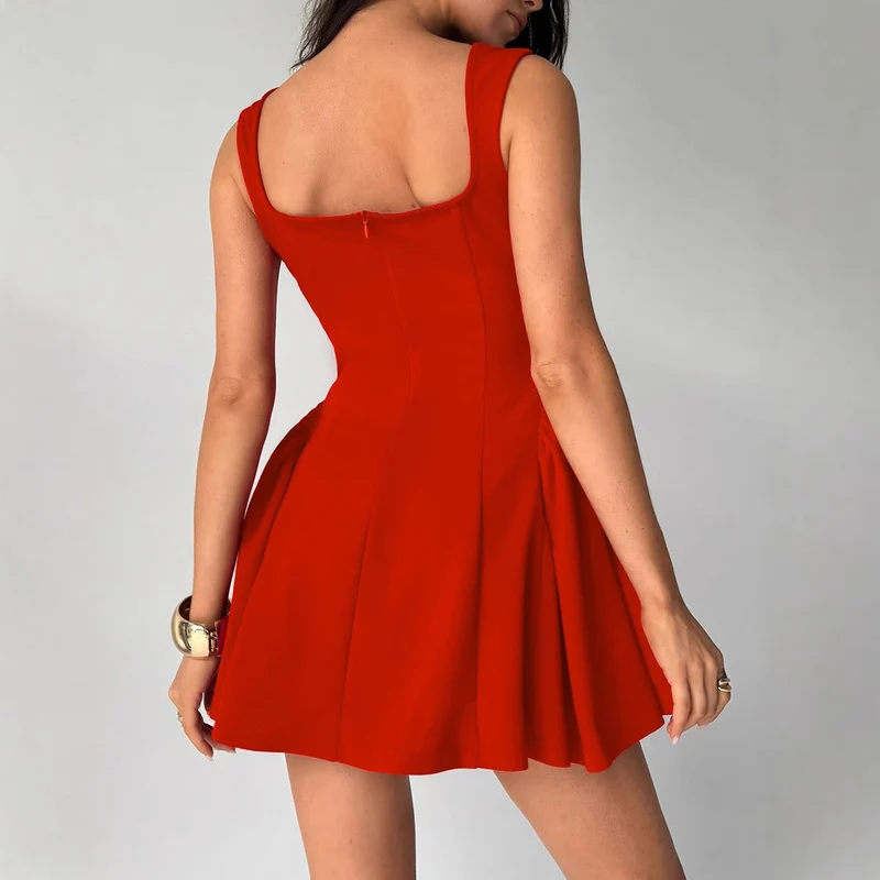 Damen Fließendes Minikleid mit quadratischem Ausschnitt und ausgestellten Rock