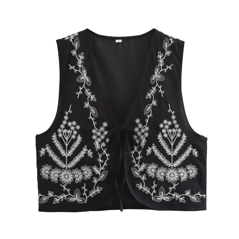 Damen elegante bestickte Weste mit offenem Schnitt und seitlichen Binde-Details