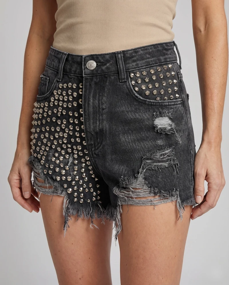 Damen Jeansshorts High-Waist Metallnieten Destroyed