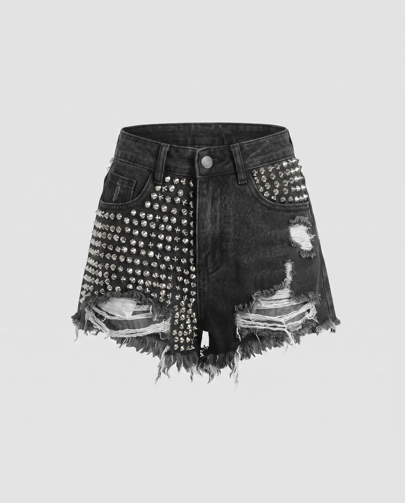Damen Jeansshorts High-Waist Metallnieten Destroyed