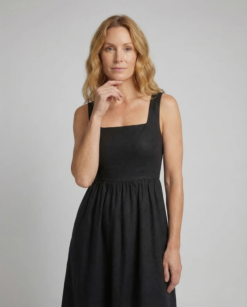 Damen Midikleid Eckiger Ausschnitt Taschen