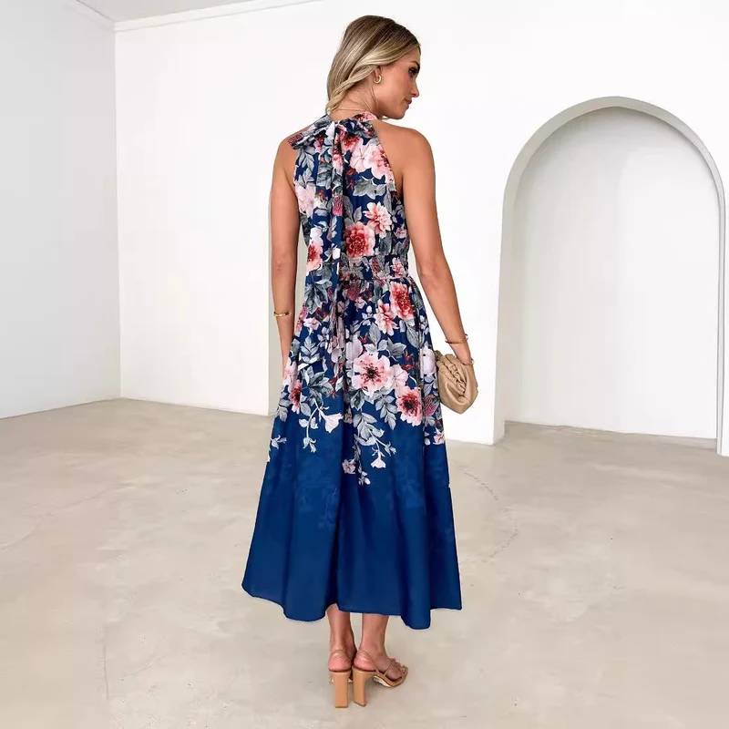 Damen Maxikleid mit elegantem Hochgeschlossenen Halterneck und femininen Rüschendetails