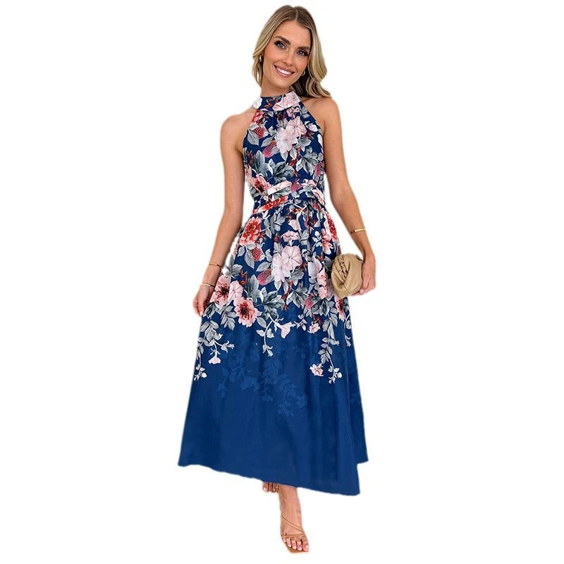 Damen Maxikleid mit elegantem Hochgeschlossenen Halterneck und femininen Rüschendetails