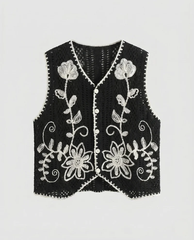 Damen gehäkelte Bluse mit floralen Applikationen Nord Taschen