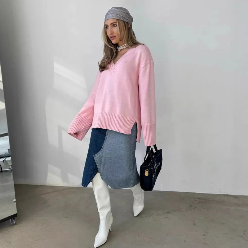 Damen eleganter V-Ausschnitt Pullover aus weicher Baumwolle Nord Taschen