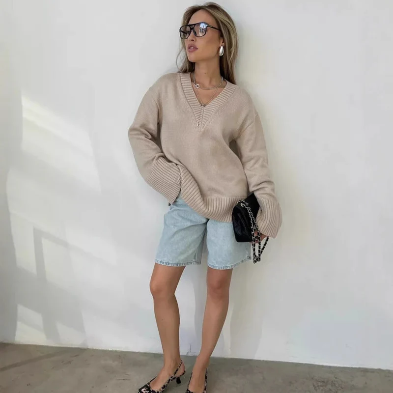Damen eleganter V-Ausschnitt Pullover aus weicher Baumwolle Nord Taschen