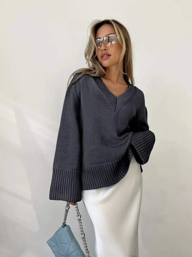 Damen eleganter V-Ausschnitt Pullover aus weicher Baumwolle Nord Taschen