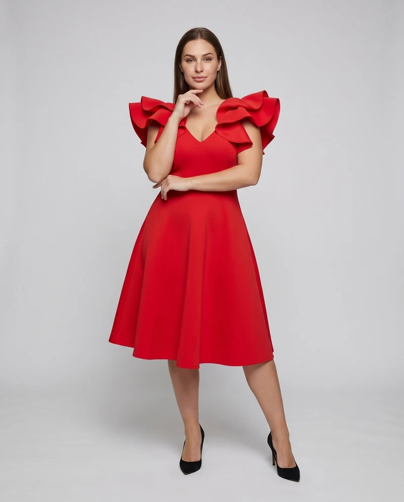 Damen Feminine Voluminöse Rüschenärmel MischgewNord Taschene A-Linien-Kleid