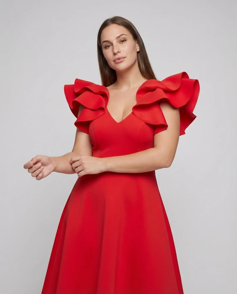 Damen Feminine Voluminöse Rüschenärmel MischgewNord Taschene A-Linien-Kleid