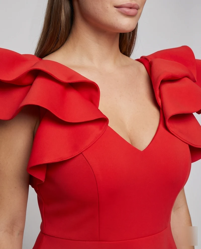 Damen Feminine Voluminöse Rüschenärmel MischgewNord Taschene A-Linien-Kleid
