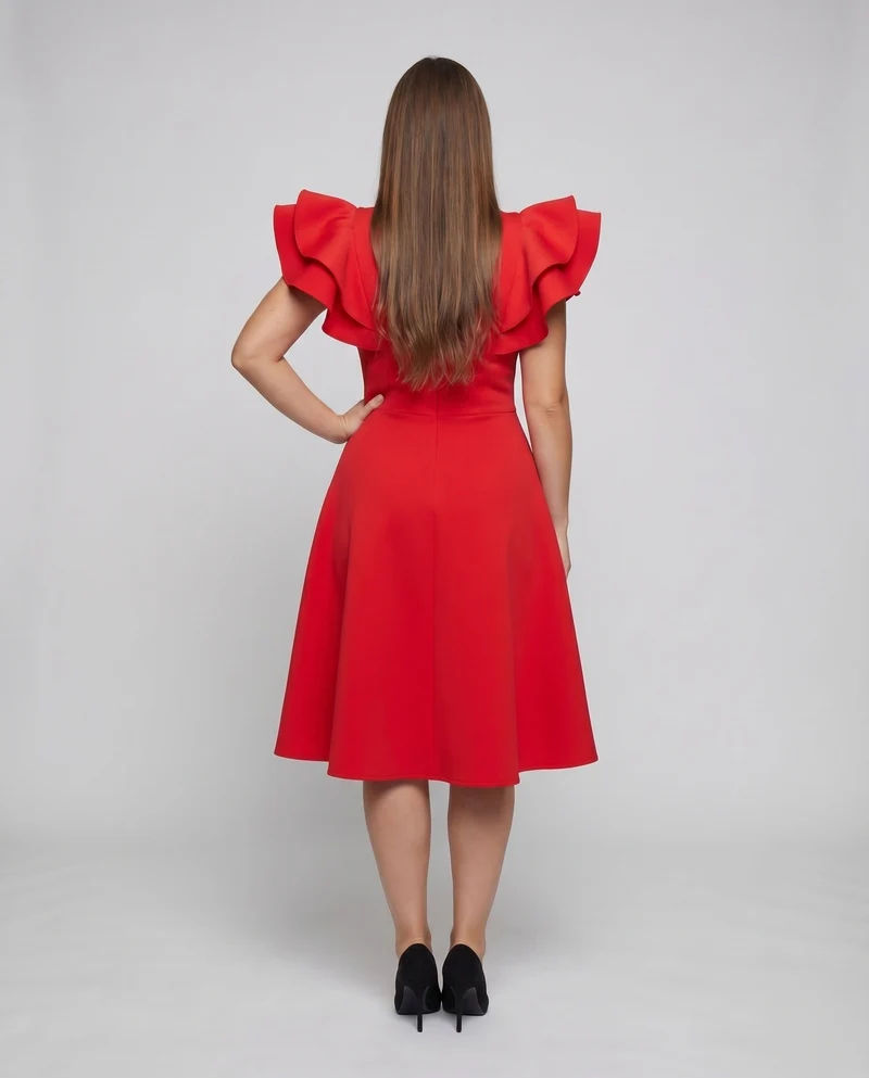 Damen Feminine Voluminöse Rüschenärmel MischgewNord Taschene A-Linien-Kleid