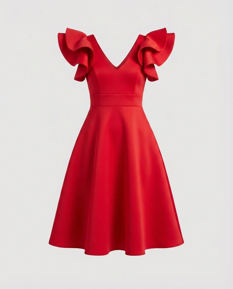 Damen Feminine Voluminöse Rüschenärmel MischgewNord Taschene A-Linien-Kleid