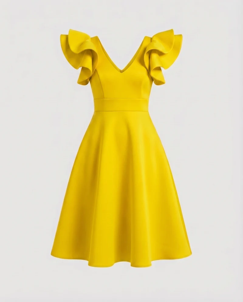 Damen Feminine Voluminöse Rüschenärmel MischgewNord Taschene A-Linien-Kleid